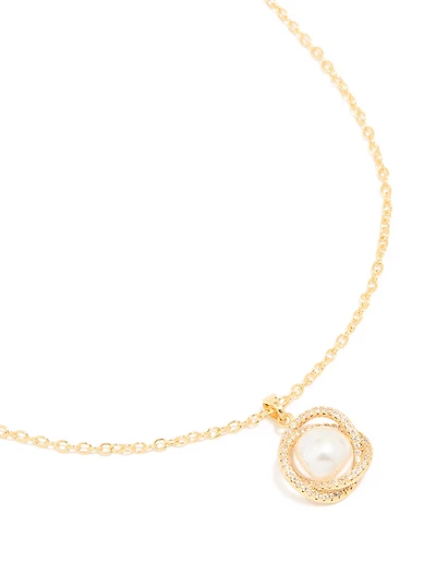 Gold Plated Cubic Zirconia Twisted Pearl Pendant Necklace