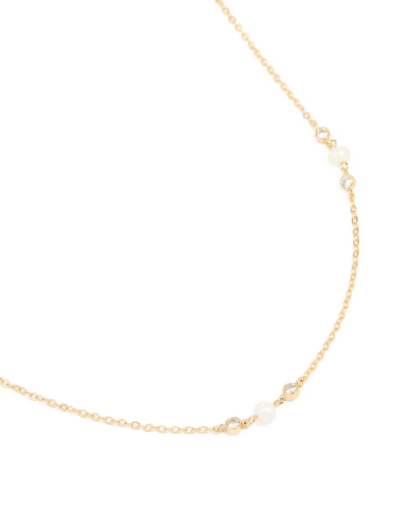 Gold Plated Cubic Zirconia & Freshwater Pearl Dainty Station Necklace