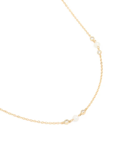 Gold Plated Cubic Zirconia & Freshwater Pearl Dainty Station Necklace
