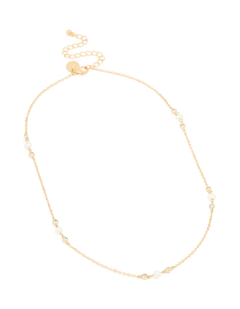 Gold Plated Cubic Zirconia & Freshwater Pearl Dainty Station Necklace