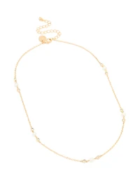 Gold Plated Cubic Zirconia & Freshwater Pearl Dainty Station Necklace