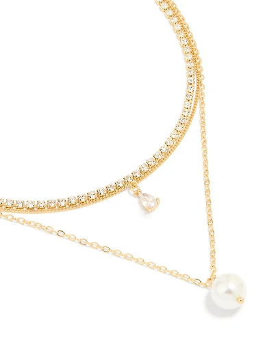 Gold Plated Diamante & Pearl Pendant Layered Necklace