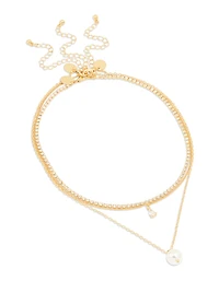 Gold Plated Diamante & Pearl Pendant Layered Necklace
