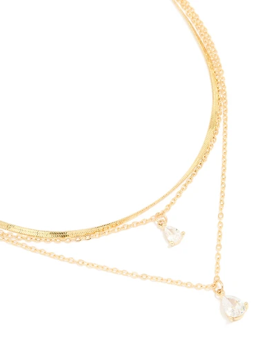Gold Plated Cubic Zirconia Teardrop Snake Chain Layered Necklace