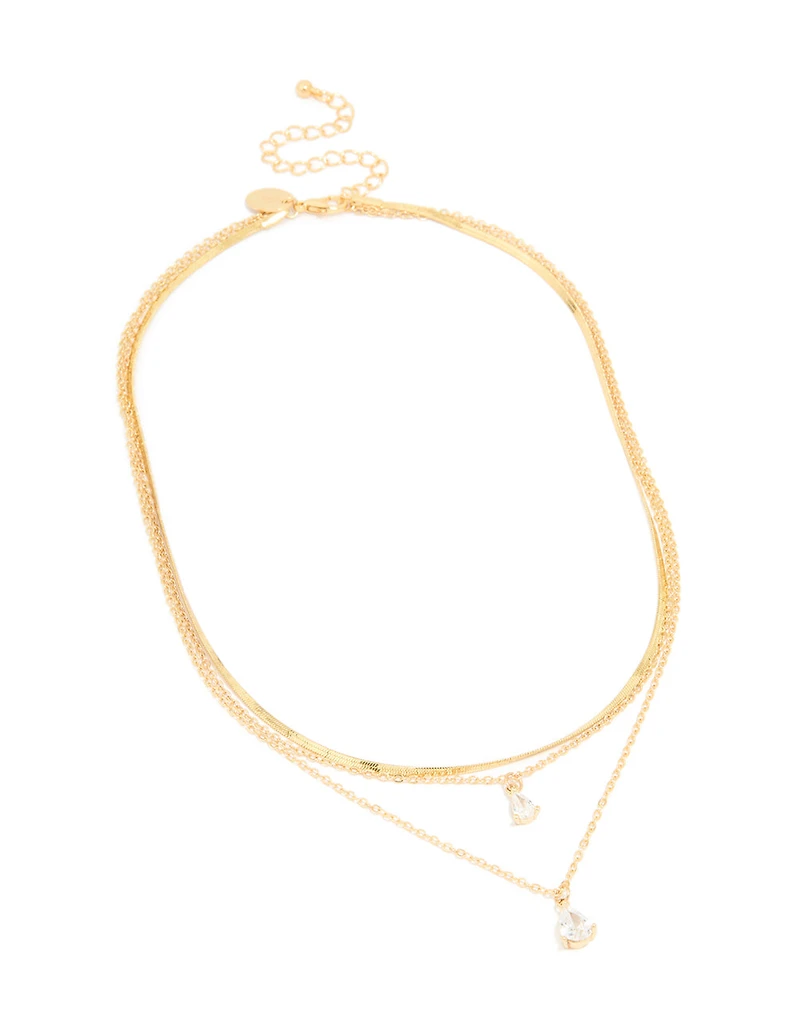 Gold Plated Cubic Zirconia Teardrop Snake Chain Layered Necklace