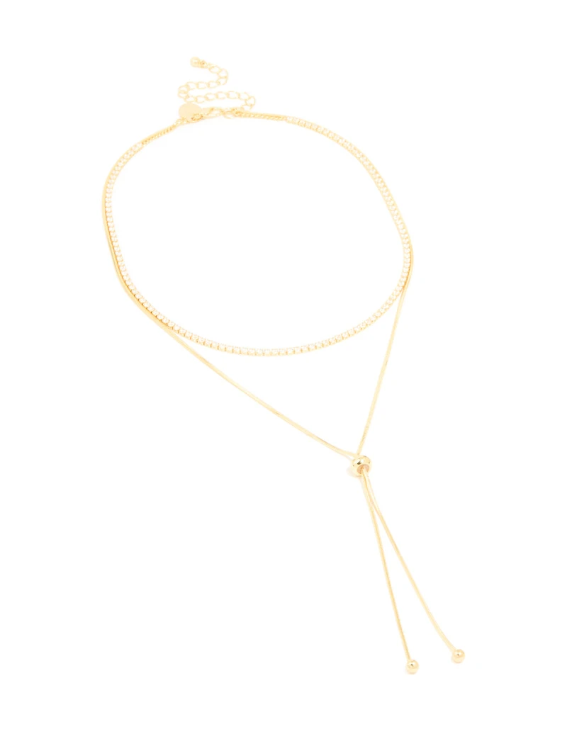 Gold Plated Cubic Zirconia Cup Chain & Snake Chain Y-Layered Necklace