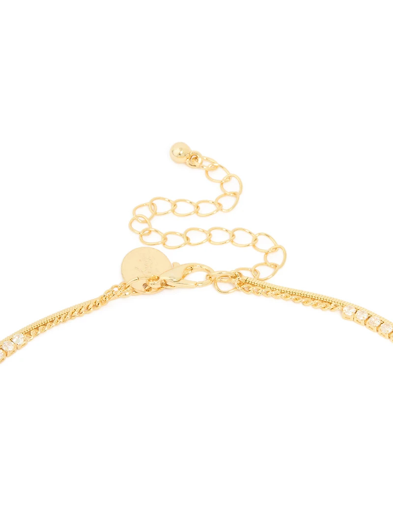 Gold Plated Cubic Zirconia Cup Chain & Snake Chain Y-Layered Necklace