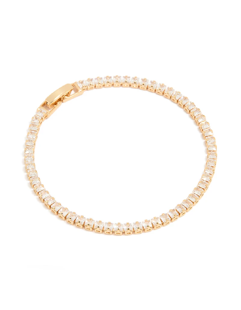 Gold Plated Cubic Zirconia Square Baguette Tennis Bracelet