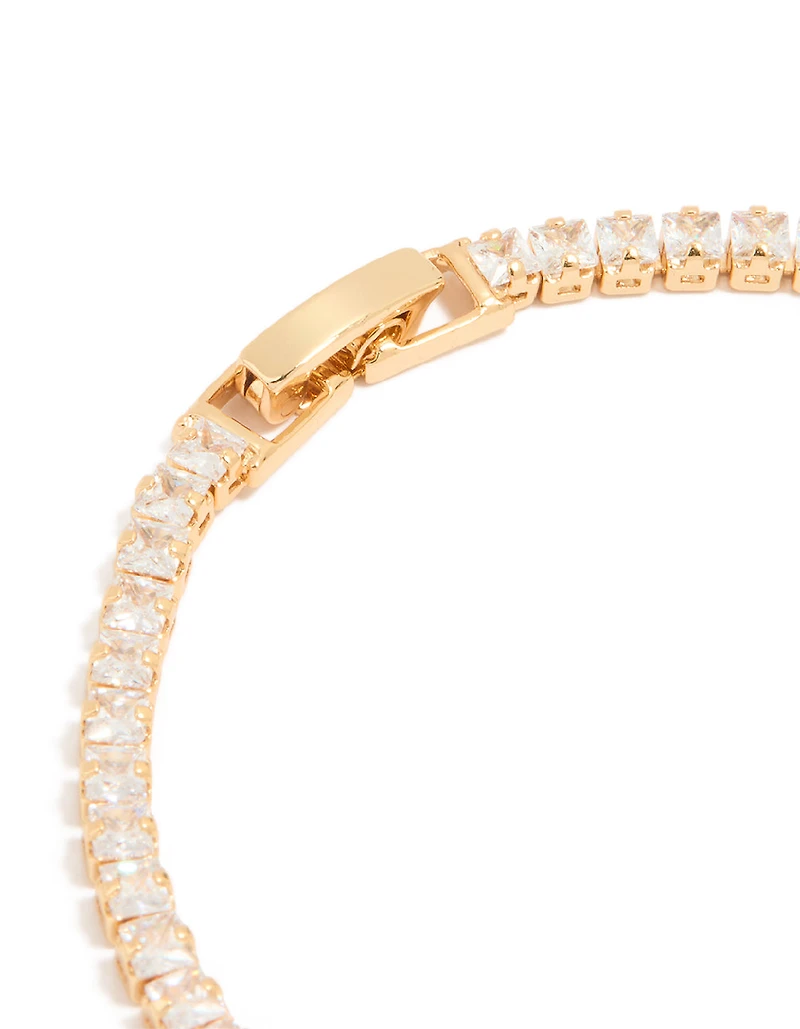 Gold Plated Cubic Zirconia Square Baguette Tennis Bracelet