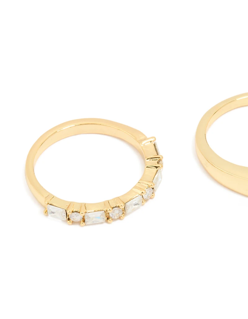 Gold Plated Diamante Inlay & Band Rings 4-Pack