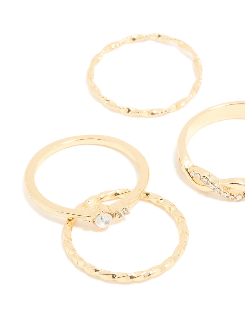 Gold Plated Diamante Twisted Rings 6-Pack