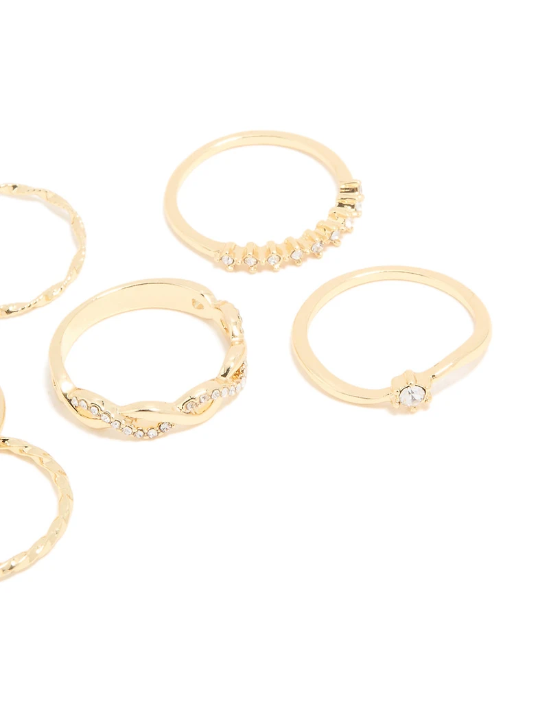 Gold Plated Diamante Twisted Rings 6-Pack
