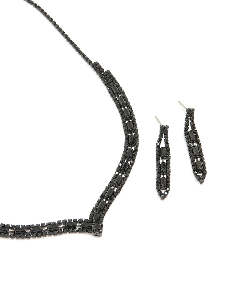 Black Coated Metal Rectangle Pointed Necklace & Earrings Set