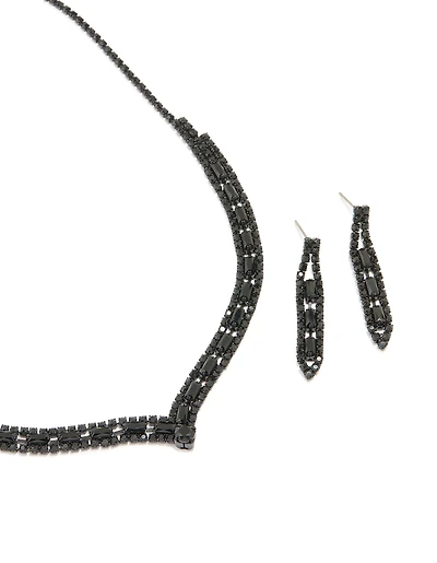 Black Coated Metal Rectangle Pointed Necklace & Earrings Set