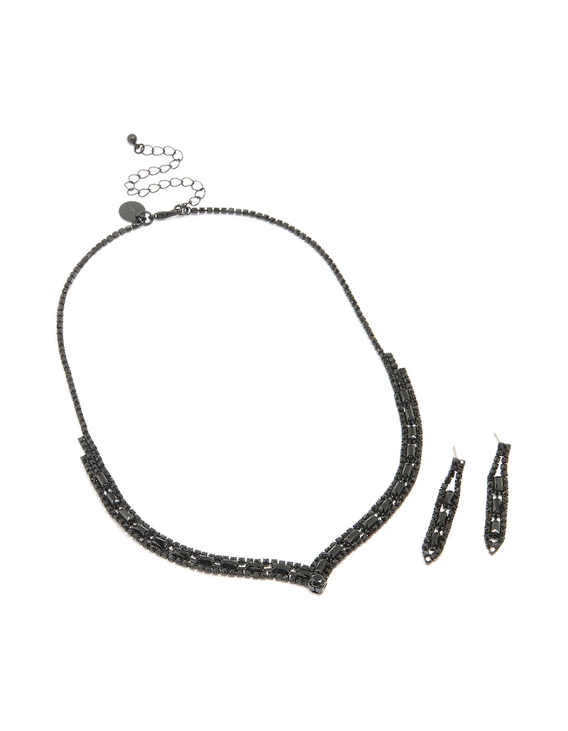 Black Coated Metal Rectangle Pointed Necklace & Earrings Set