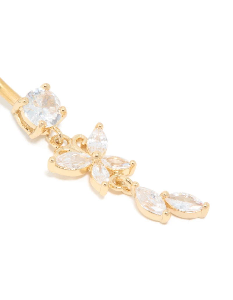 Gold Plated Surgical Steel Cubic Zirconia Butterfly & Leaf Drop Belly Bar