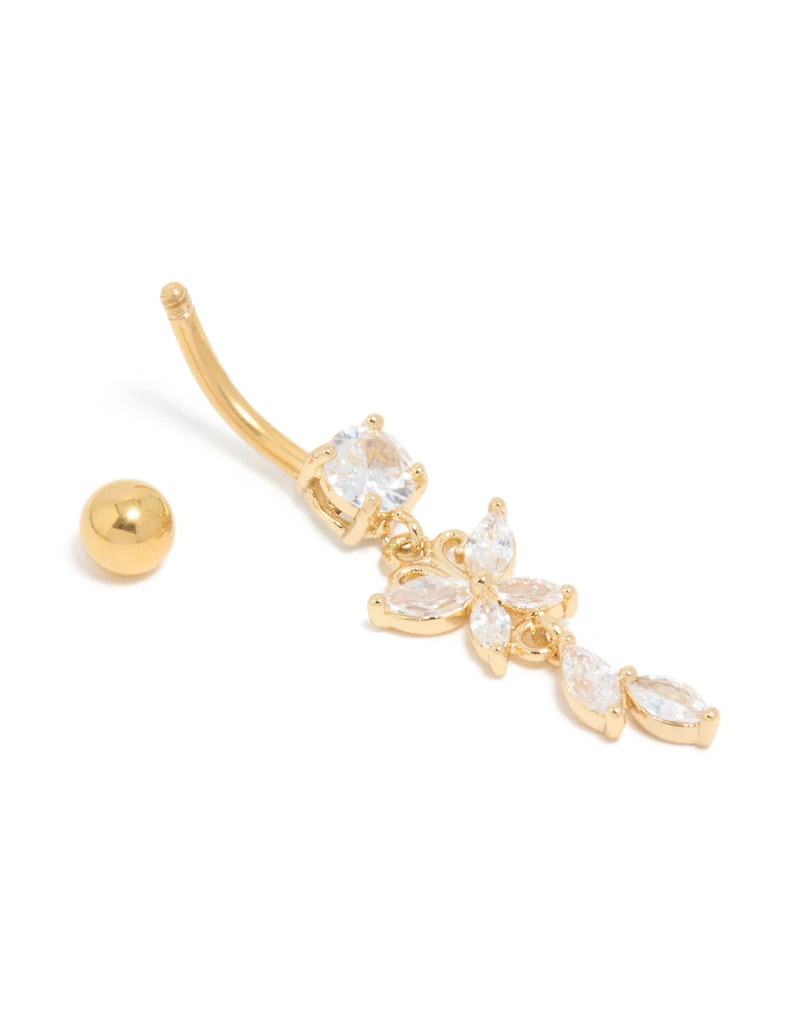 Gold Plated Surgical Steel Cubic Zirconia Butterfly & Leaf Drop Belly Bar