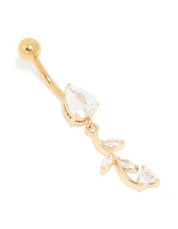 Gold Plated Surgical Steel Cubic Zirconia Pear Leaf Drop Belly Bar