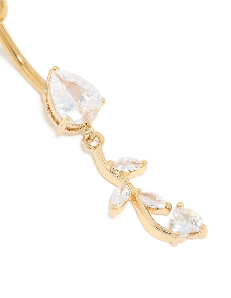 Gold Plated Surgical Steel Cubic Zirconia Pear Leaf Drop Belly Bar