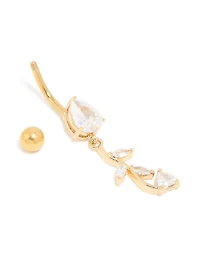 Gold Plated Surgical Steel Cubic Zirconia Pear Leaf Drop Belly Bar