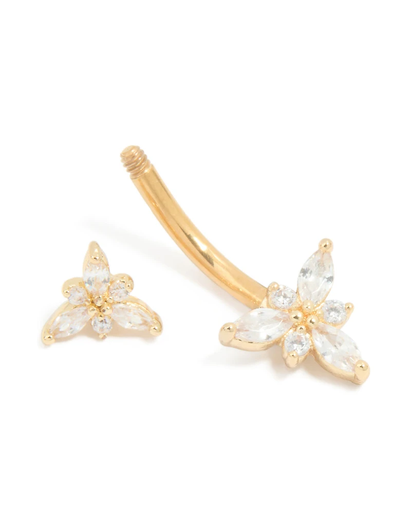 Gold Plated Titanium Diamante Double Dainty Flower Belly Bar