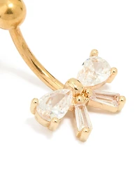 Gold Plated Titanium Cubic Zirconia Pear Bow Belly Bar