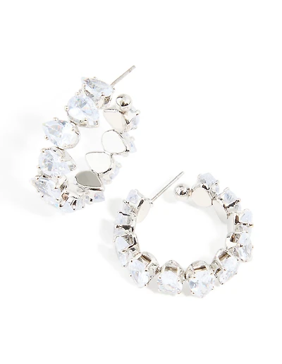 Silver Cubic Zirconia Cluster Hoop Earrings