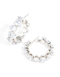 Silver Cubic Zirconia Cluster Hoop Earrings