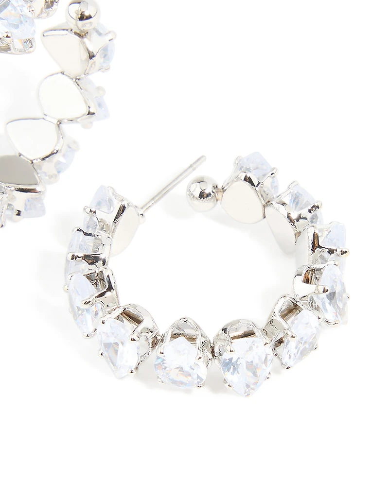 Silver Cubic Zirconia Cluster Hoop Earrings