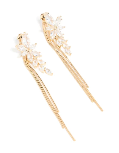 Gold Cubic Zirconia Flower Chain Drop Earrings