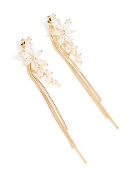 Gold Cubic Zirconia Flower Chain Drop Earrings
