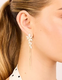 Gold Cubic Zirconia Flower Chain Drop Earrings