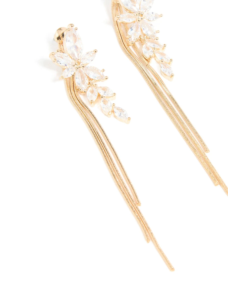 Gold Cubic Zirconia Flower Chain Drop Earrings