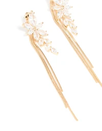 Gold Cubic Zirconia Flower Chain Drop Earrings