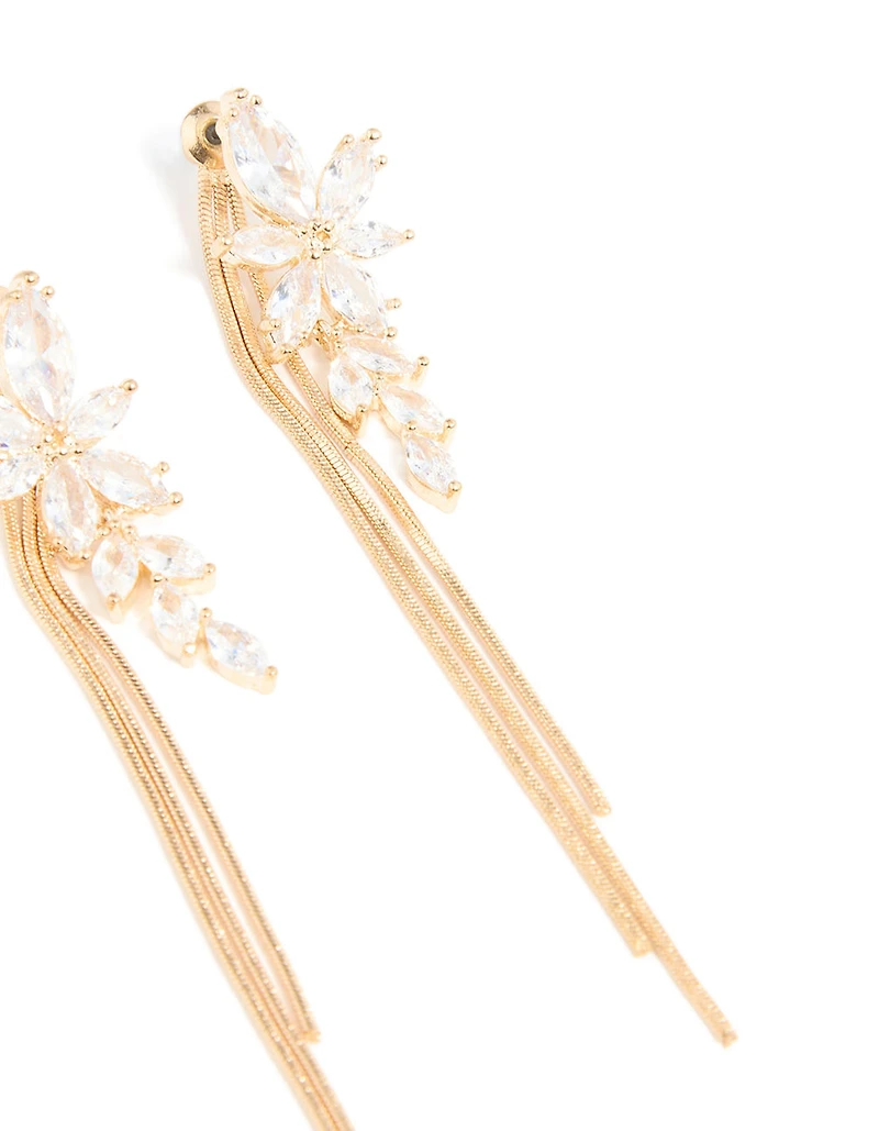 Gold Cubic Zirconia Flower Chain Drop Earrings