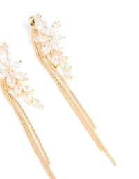 Gold Cubic Zirconia Flower Chain Drop Earrings