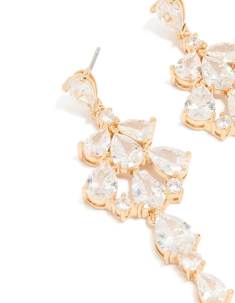 Gold Plated Large Multi Cubic Zirconia Pear Drop Earrings