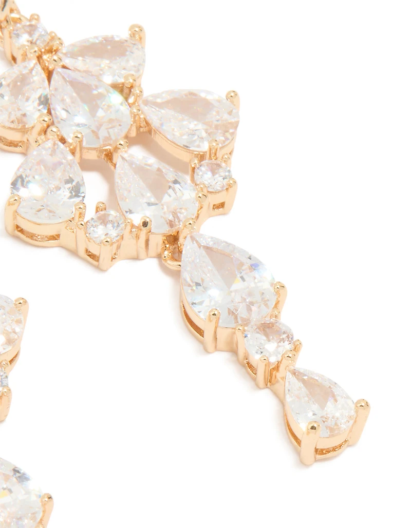Gold Plated Large Multi Cubic Zirconia Pear Drop Earrings