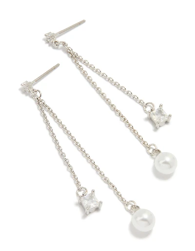 Silver Cubic Zirconia Pearl Chain Drop Earrings