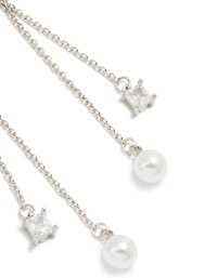 Silver Cubic Zirconia Pearl Chain Drop Earrings