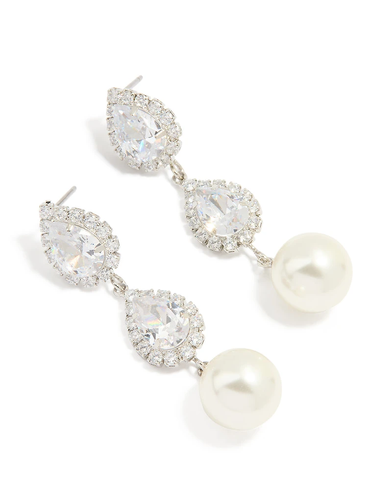 Silver Cubic Zirconia Pearl Pear Drop Earrings