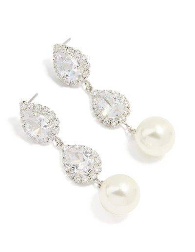 Silver Cubic Zirconia Pearl Pear Drop Earrings