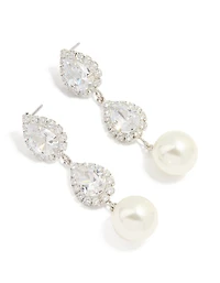 Silver Cubic Zirconia Pearl Pear Drop Earrings
