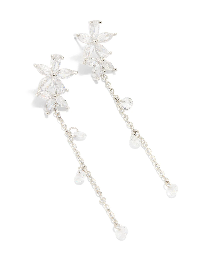 Silver Cubic Zirconia Flower Droplet Earrings