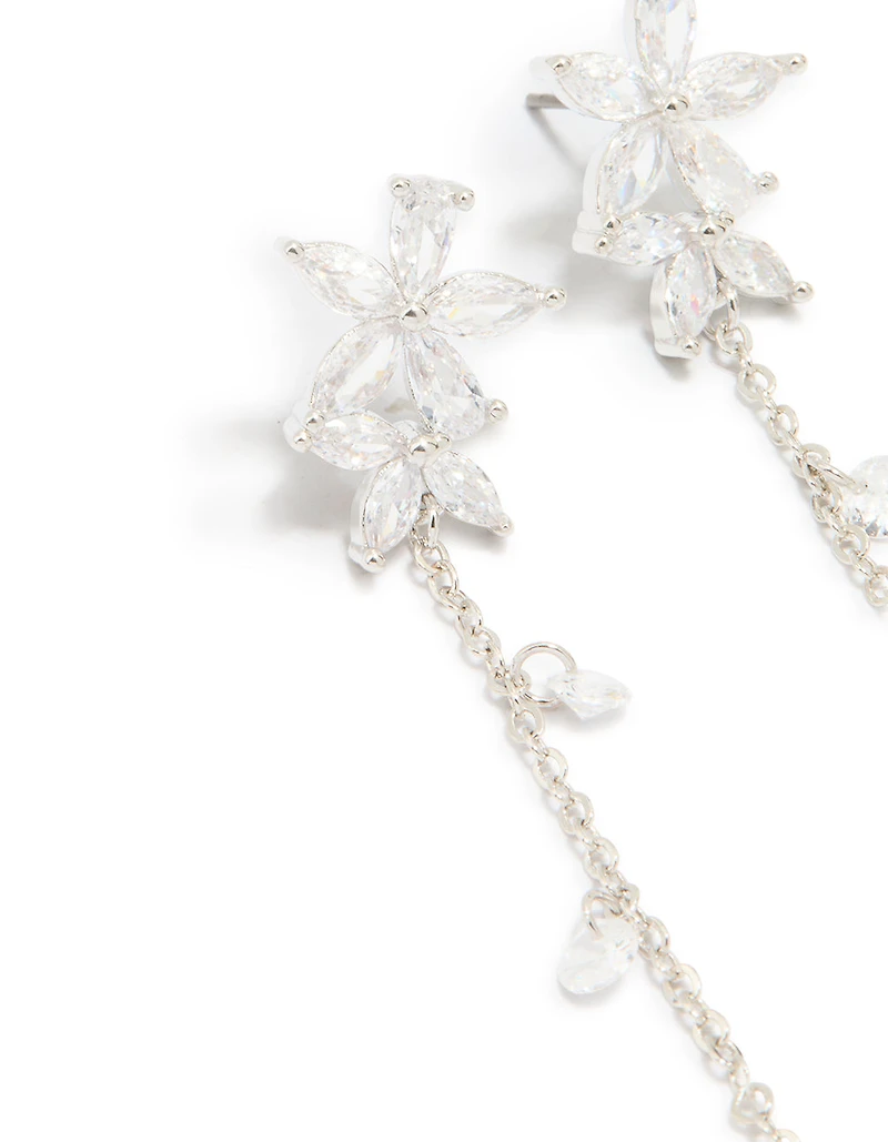 Silver Cubic Zirconia Flower Droplet Earrings
