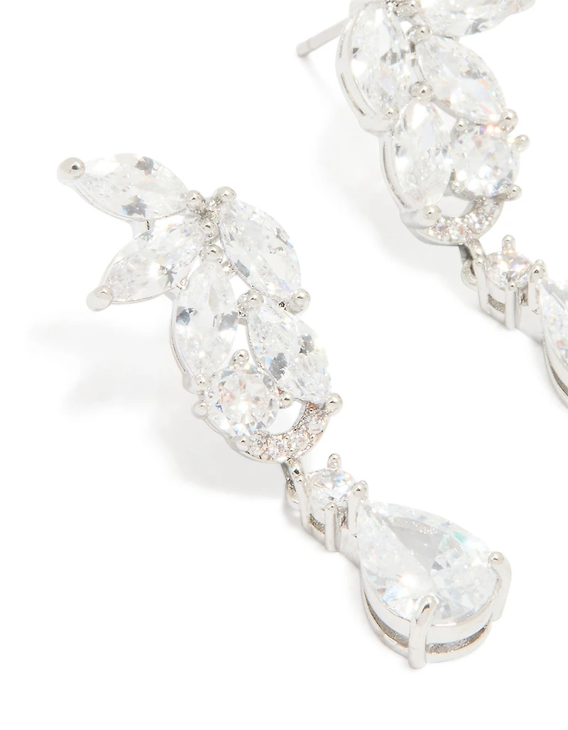 Silver Cubic Zirconia Dainty Flower Drop Earrings