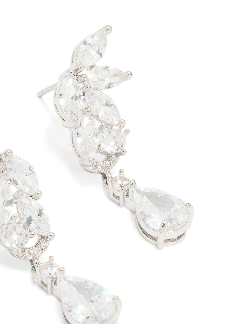 Silver Cubic Zirconia Dainty Flower Drop Earrings