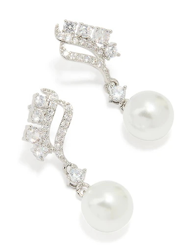 Silver Cubic Zirconia Pearl Mini Drop Earrings