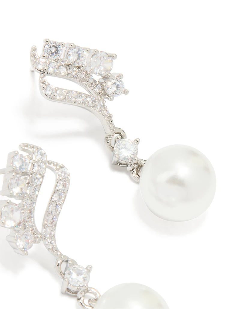 Silver Cubic Zirconia Pearl Mini Drop Earrings