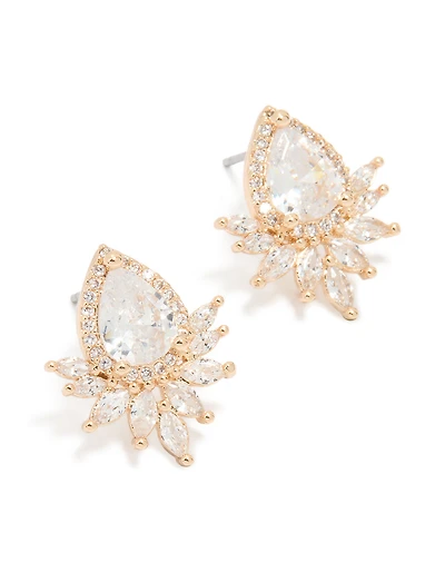 Gold Cubic Zirconia Pear Flower Stud Earrings